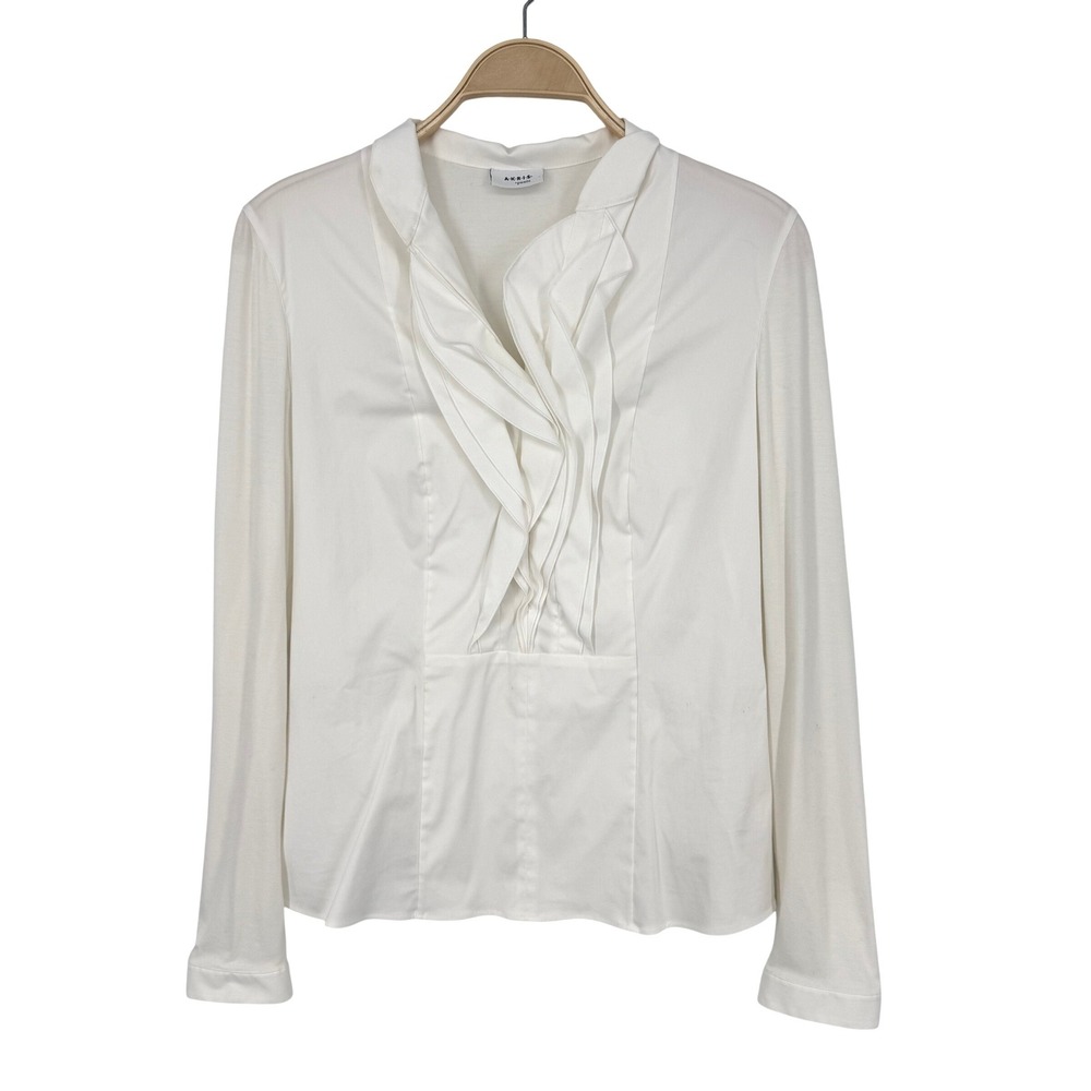 Akris Punto Ruffle V-Neck Blouse Womens US 4 White Excellent Stretch Long Sleeve
